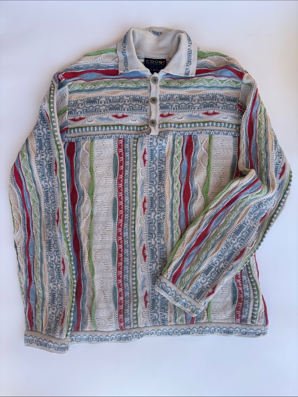 Vintage 90s Coogi Australia sweater 3D knit blue green red tan